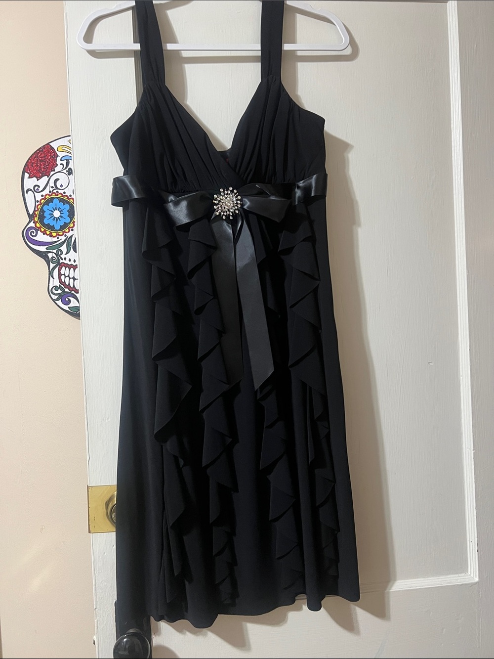 Scarlett Black Ruffle Midi Dress with Satin Bow and Brooch Accent